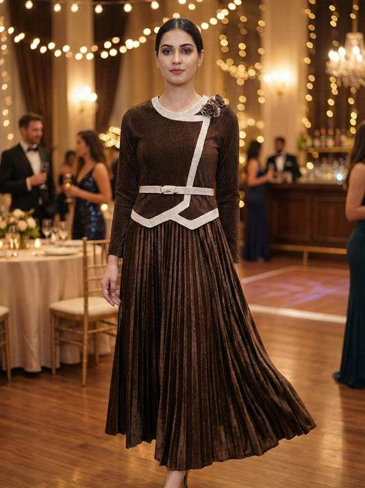 Rich Chocolate Brown Asymmetric Pleated Midi Dress with Cream Accents