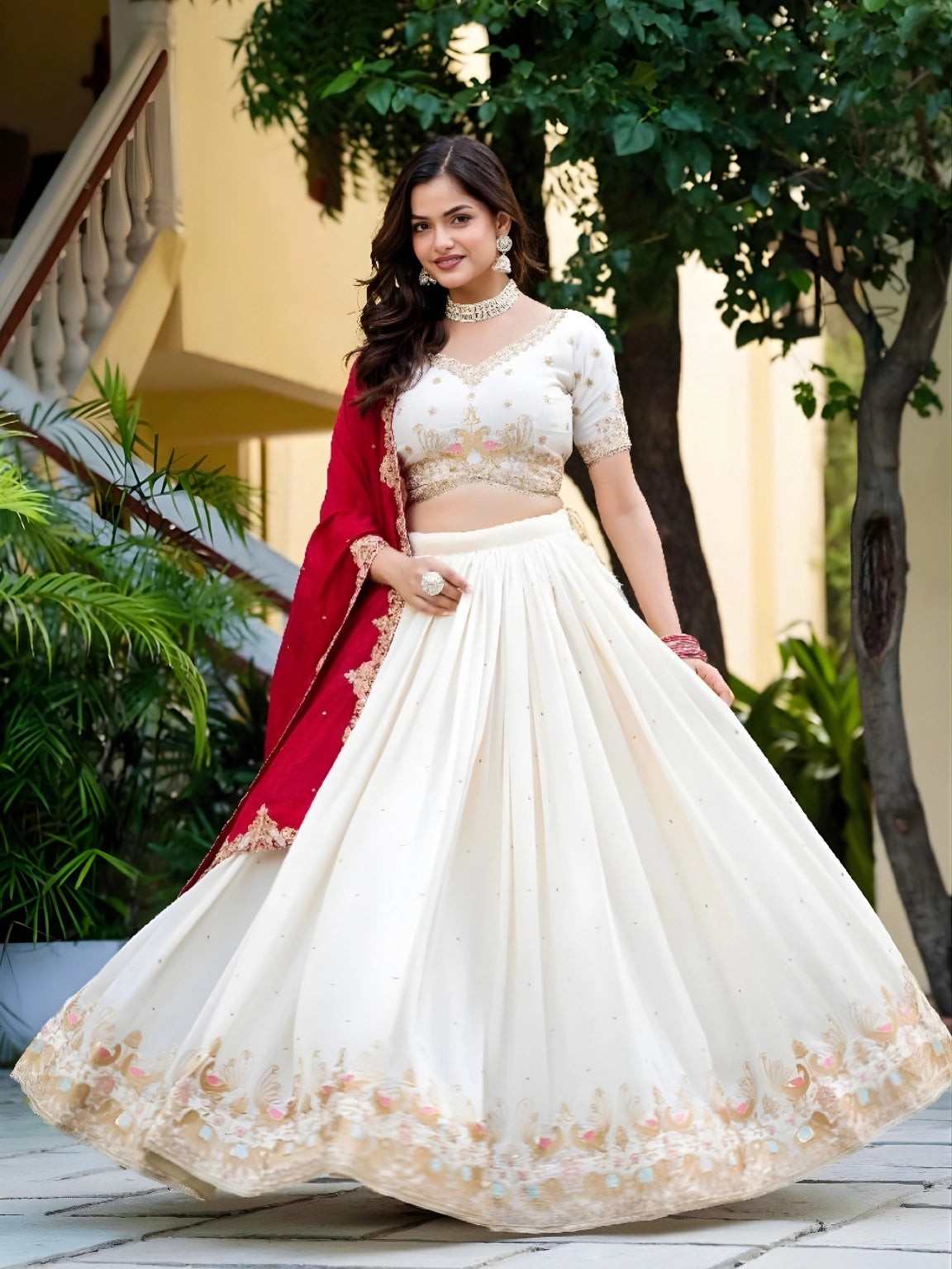 Cream and Deep Red Embroidered Lehenga Set - Stitching Included
