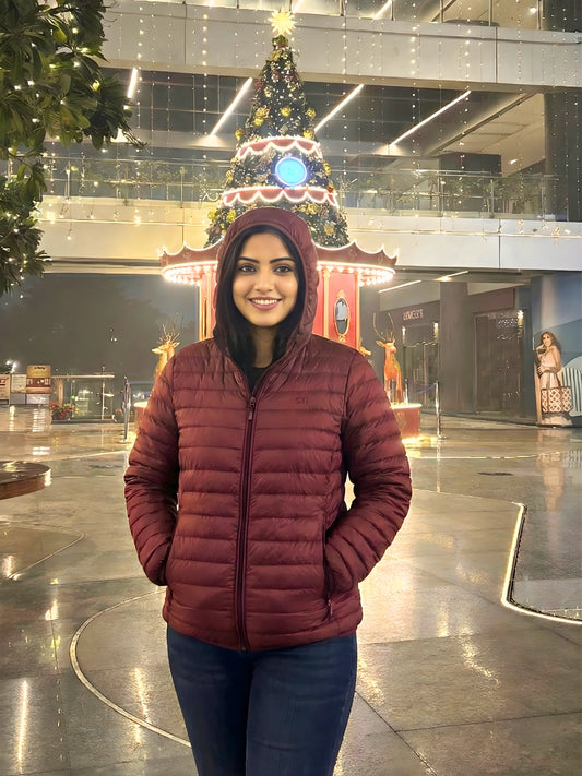 Maroon Hooded Quilted Winter Jacket