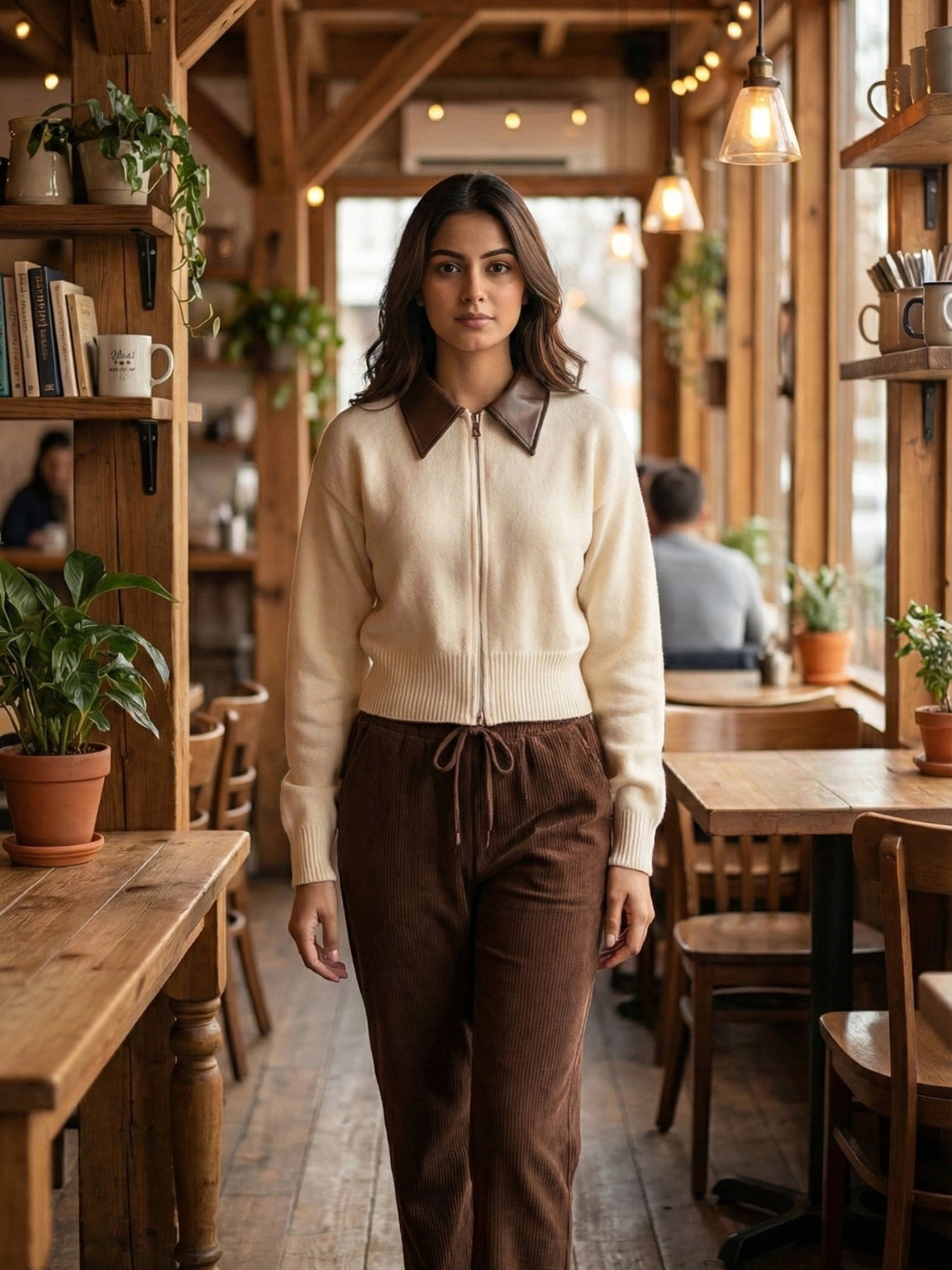 Cream & Cocoa Brown Contrast Collar Two-Piece Set