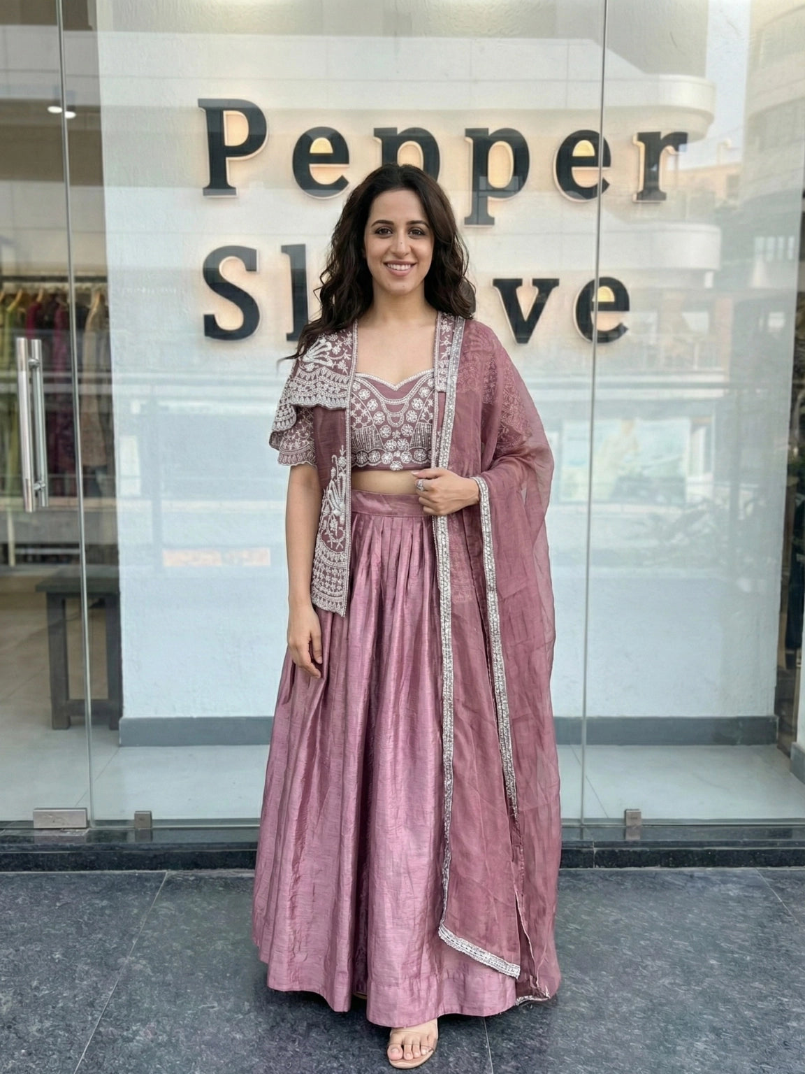 Dusty Mauve Embroidered Fusion Lehenga Set