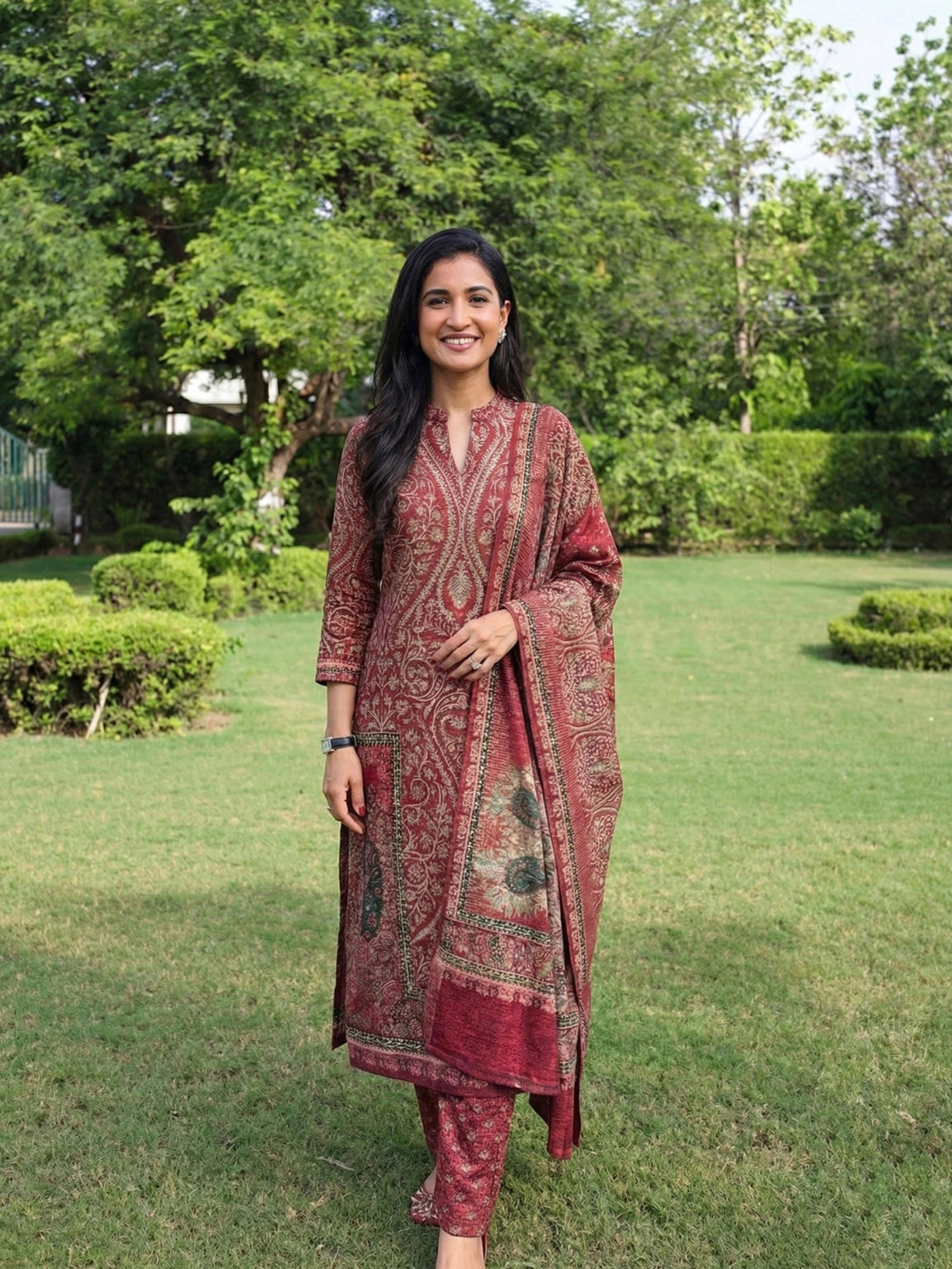 Earthy Maroon & Rust Intricate Printed 3-Piece Suit Set