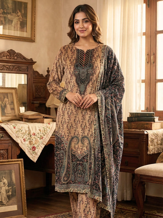 Beige & Brown Kashmiri Print 3-Piece Suit Set with Matching Shawl