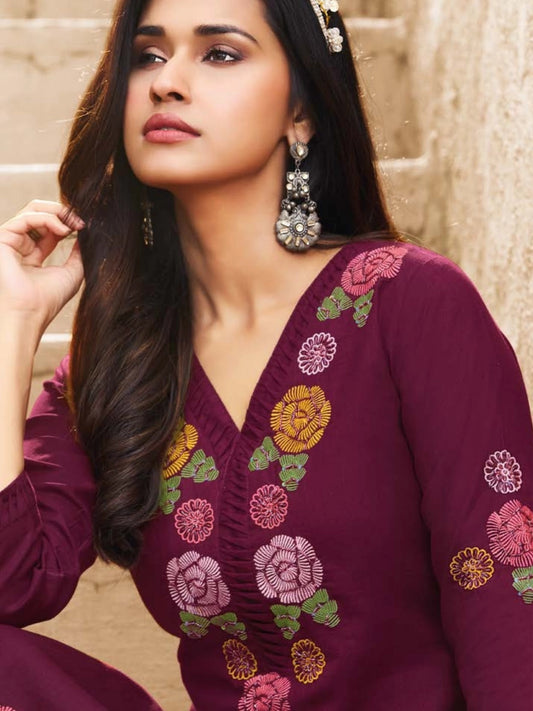 Deep Wine Rayon Kurti with Multi-Color Rose Embroidery