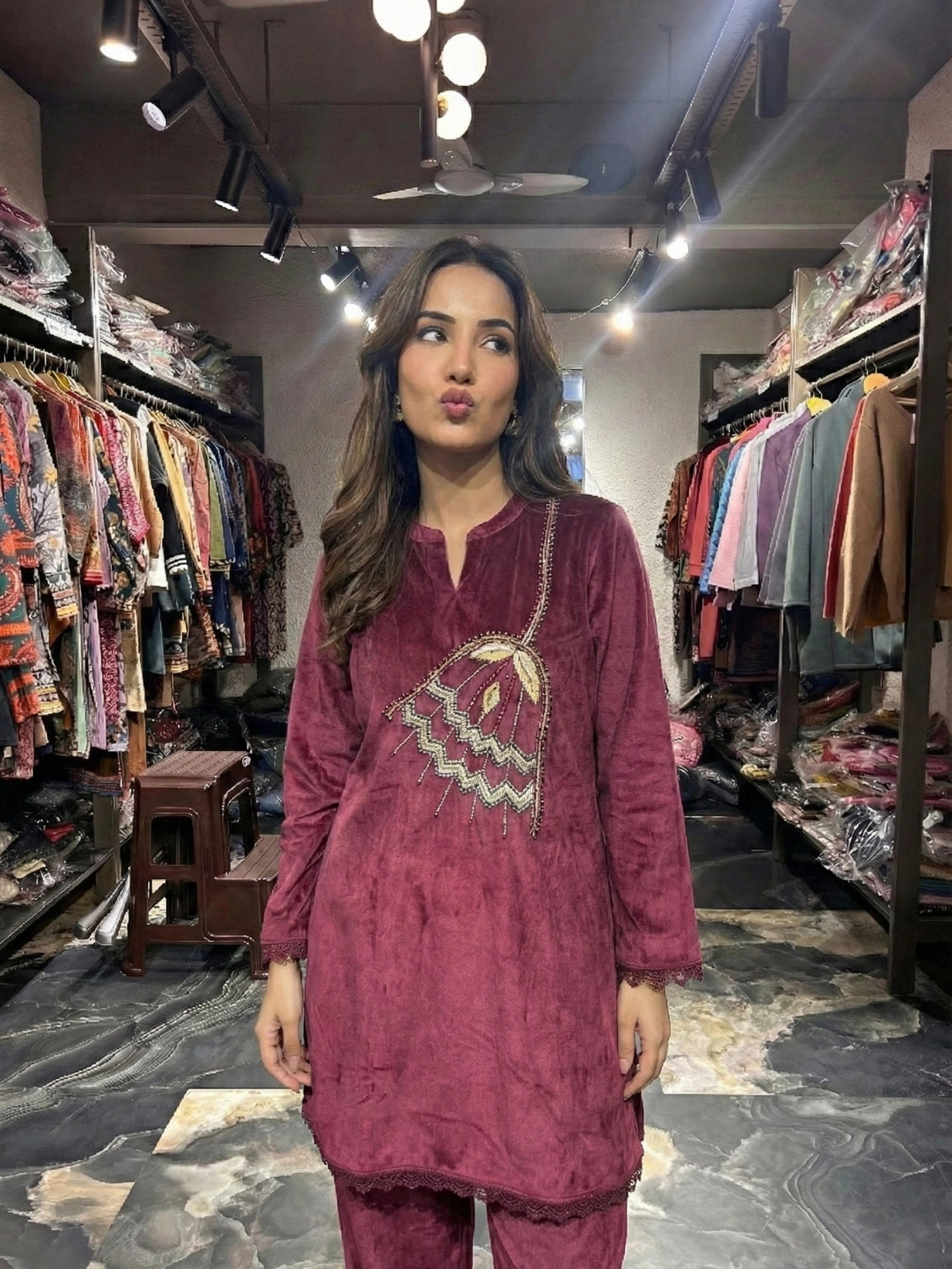 Wine Maroon Embroidered Co-ord Set