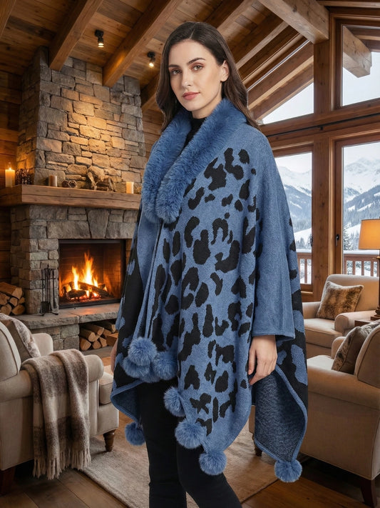 Blue Leopard Print Faux Fur Trimmed Cape