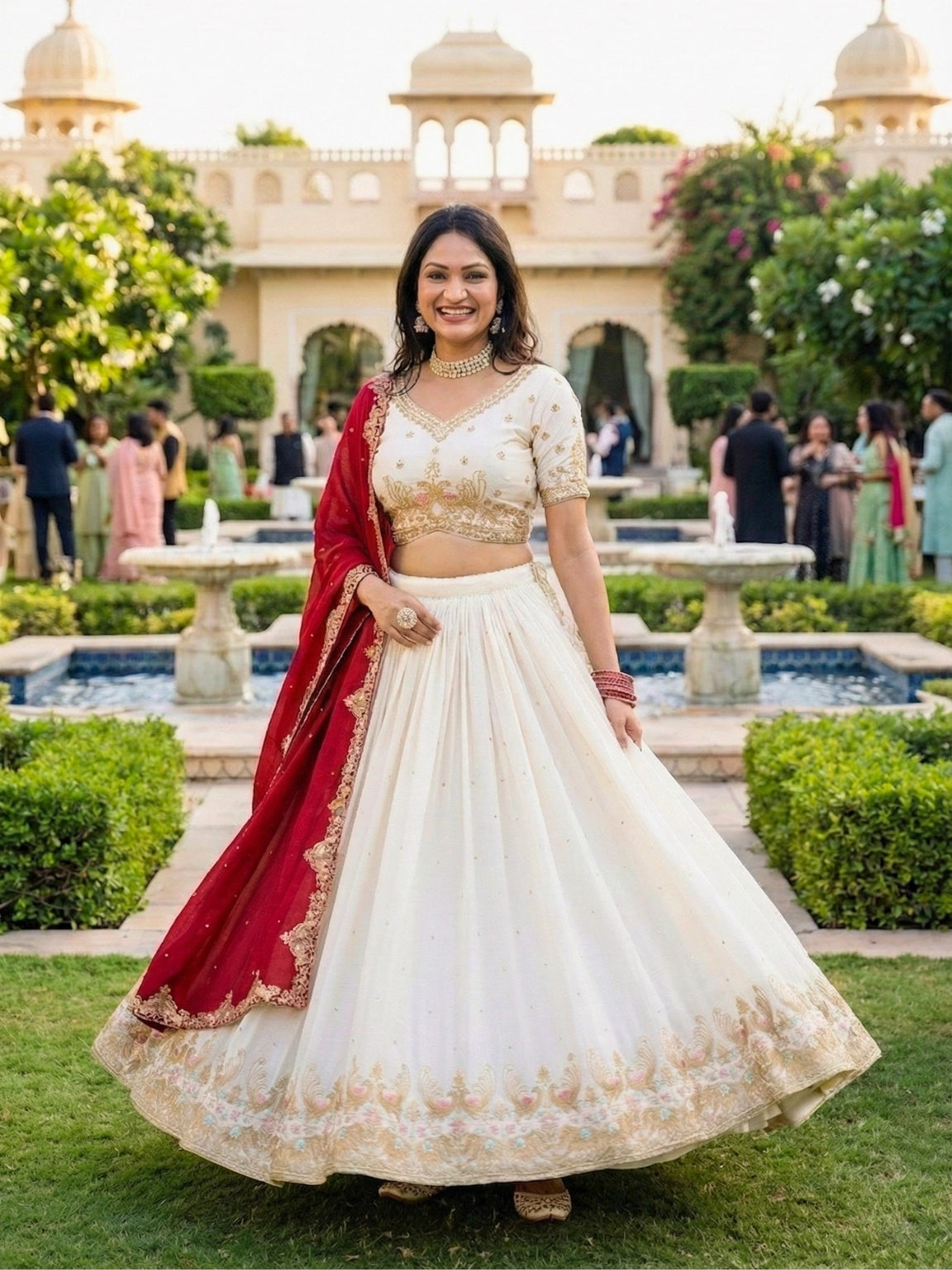 Cream and Deep Red Embroidered Lehenga Set - Stitching Included