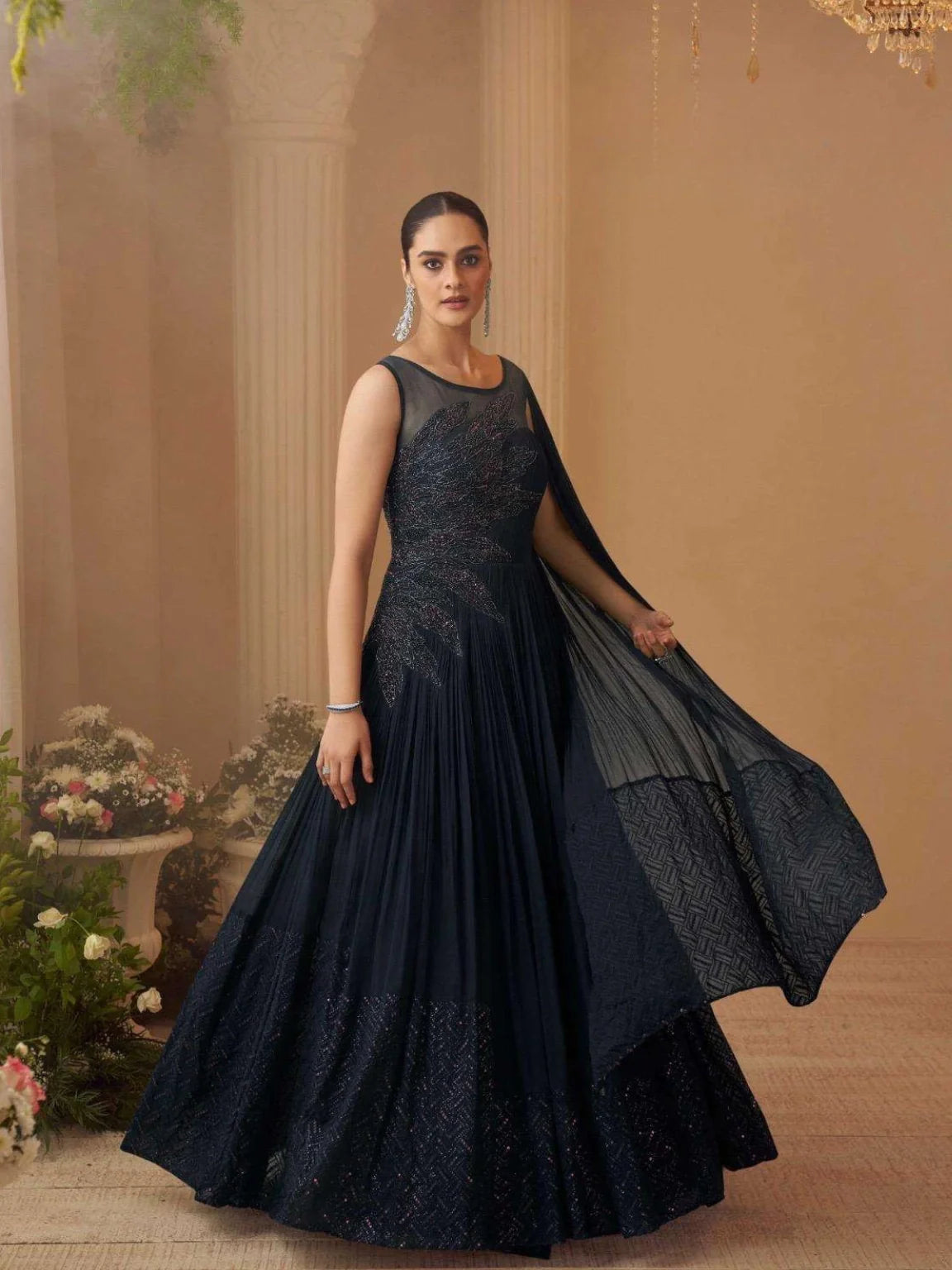 Midnight Blue Embellished Anarkali Gown with Attached Drape