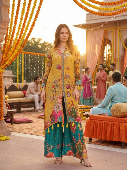 Mustard Yellow & Teal Floral Print Co-ord Set