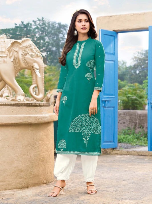 Emerald Green Printed Rayon Straight Kurta with Mandarin Collar