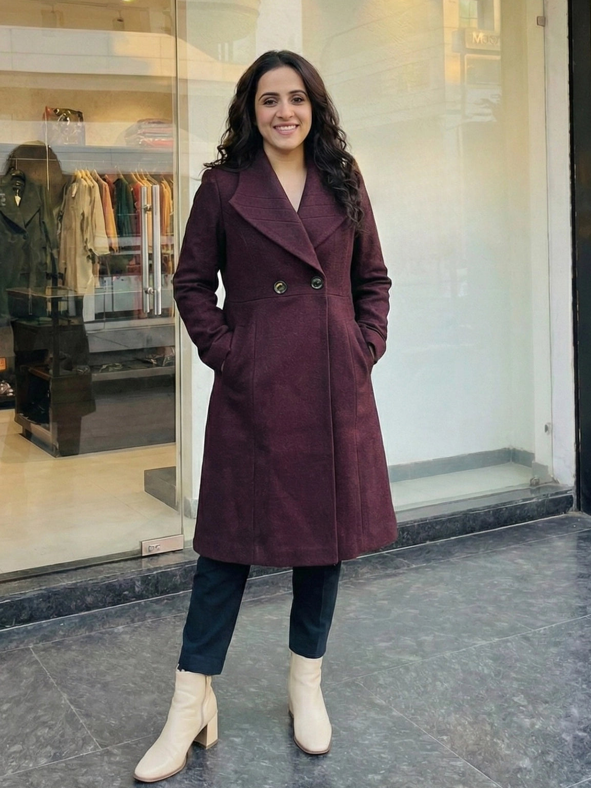 Deep Maroon Lapel Collar Long Coat