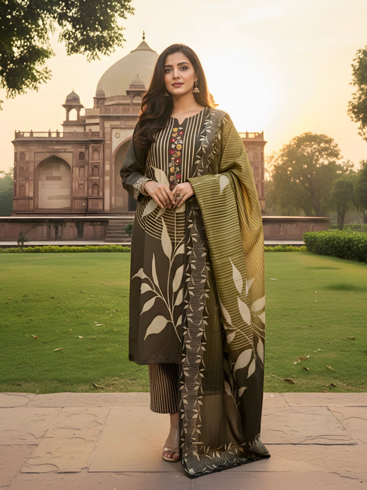 Olive Green Woolen Floral & Striped Salwar Kameez Set