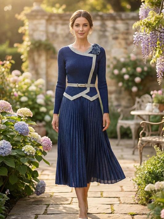 Royal Blue Asymmetric Pleated Midi Dress with Silver Accents