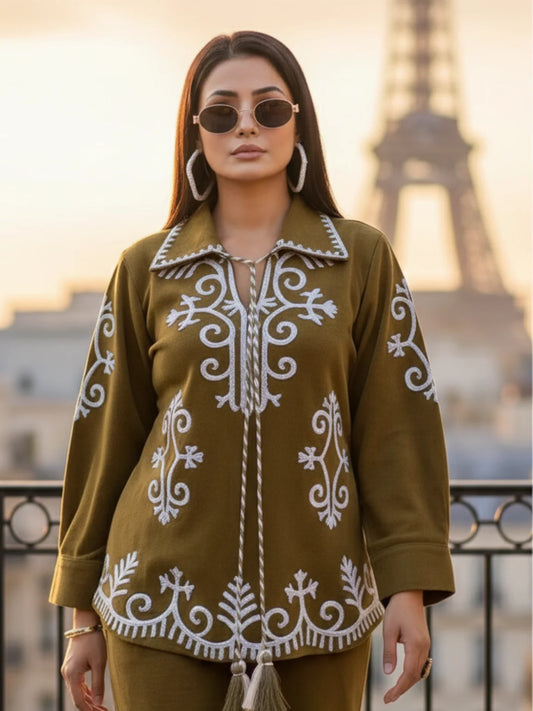 Olive Green Embroidered Collared Co-ord Set