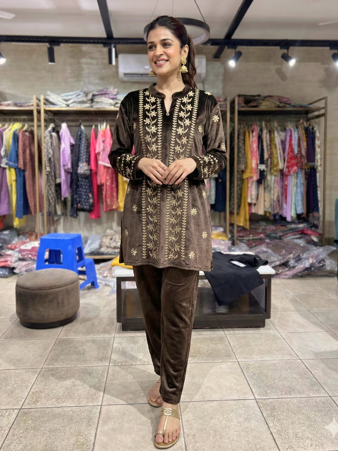 Chocolate Brown Floral Embroidered Kurta and Pant Set