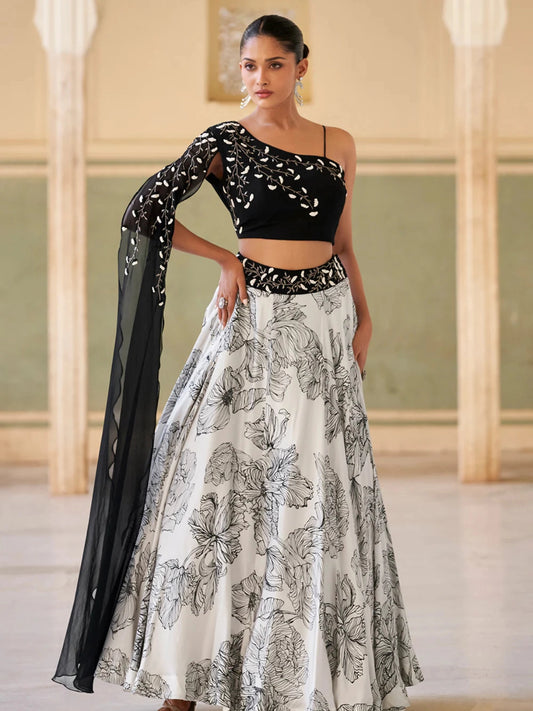 Monochrome Black & White Floral Printed Lehenga Set with Cape Detail