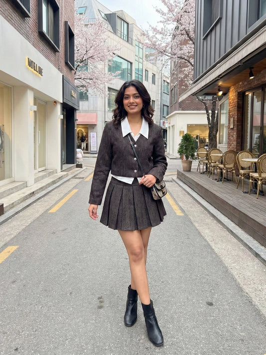 Dark Brown Cropped Jacket & Pleated Skirt Co-ord Set
