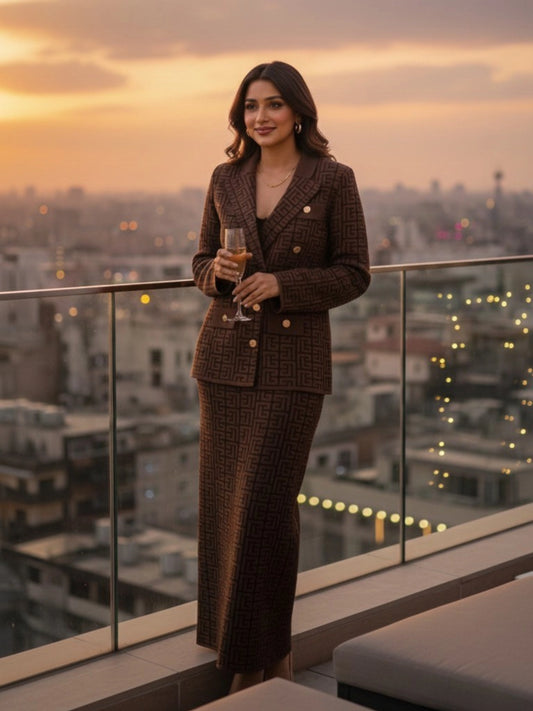 Chocolate Brown Geometric Print Skirt & Blazer Co-ord Set