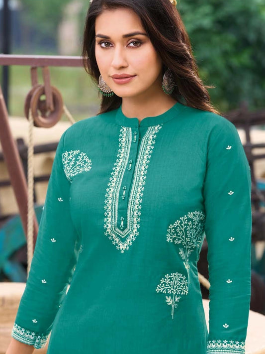 Emerald Green Printed Rayon Straight Kurta with Mandarin Collar
