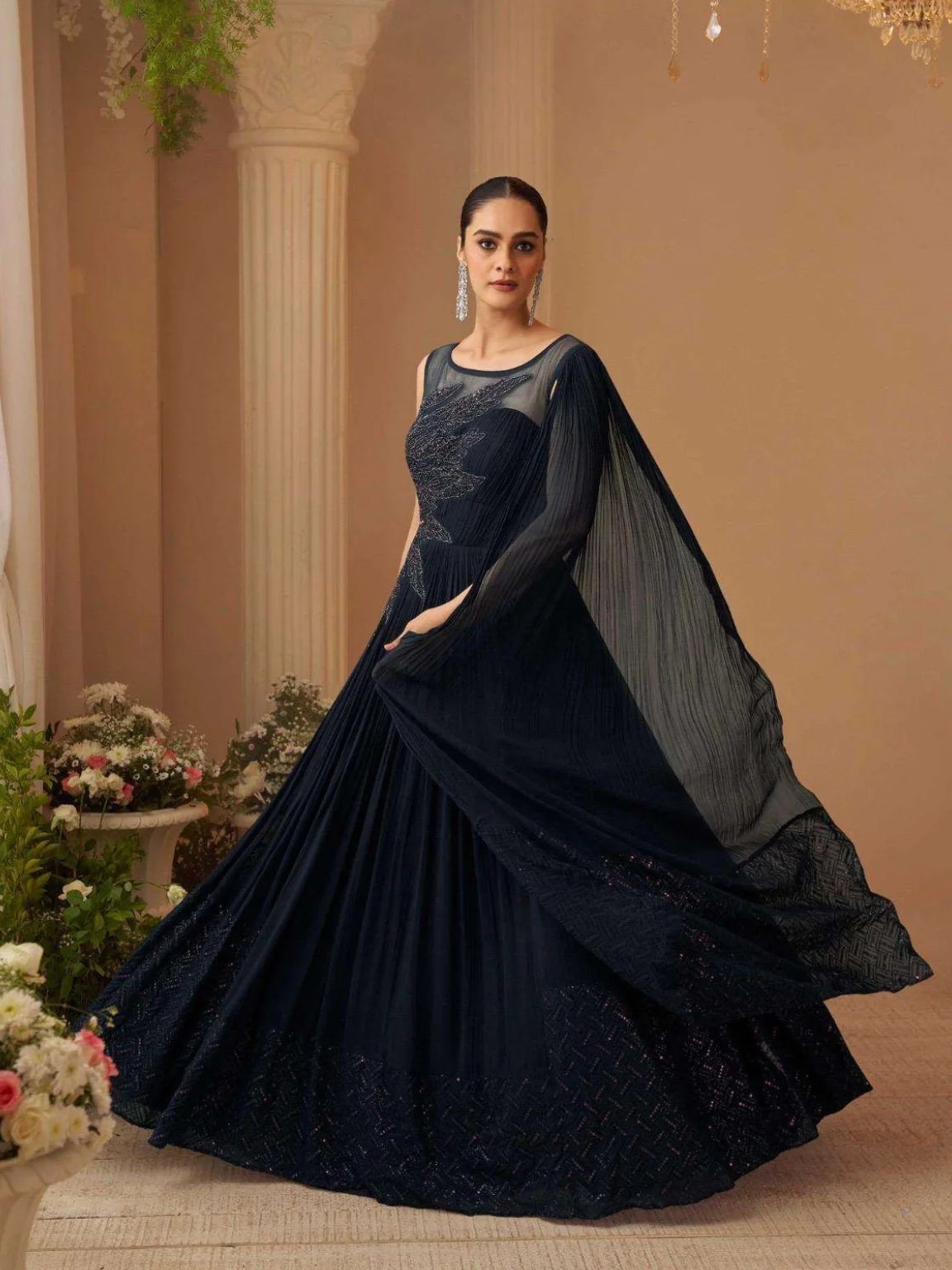 Midnight Blue Embellished Anarkali Gown with Attached Drape