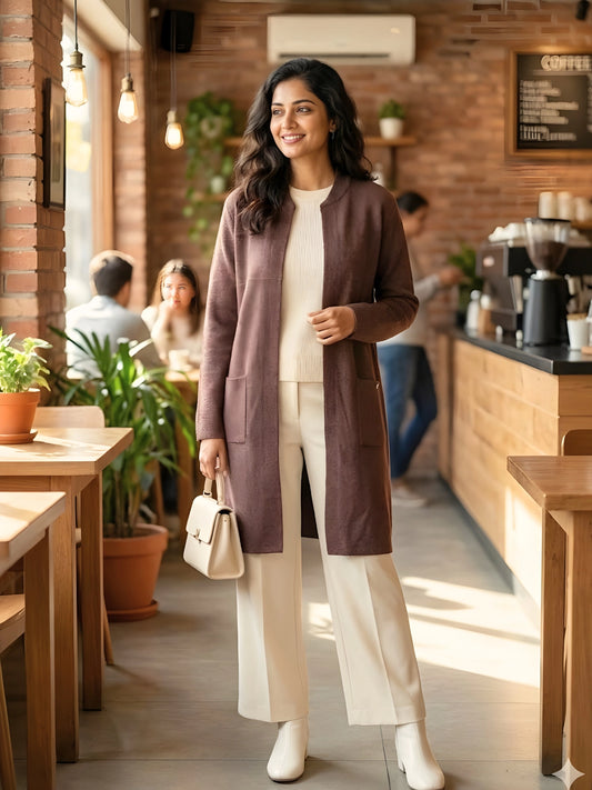 Women's Open-Front Longline Cardigan in Mocha Brown
