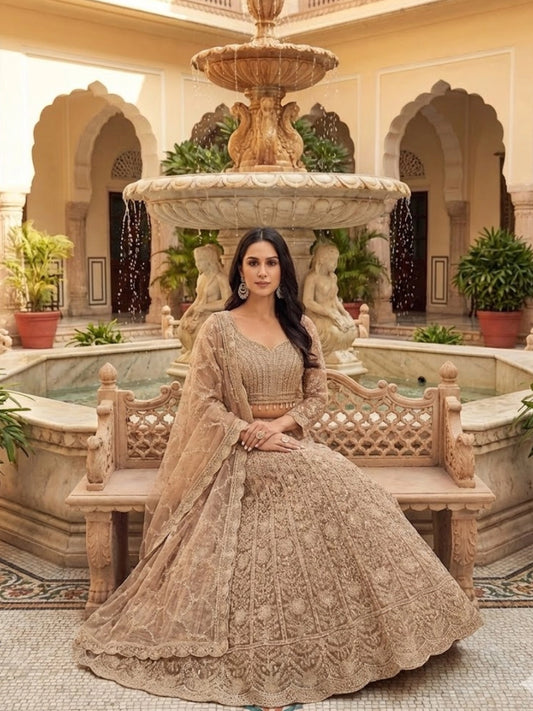 Beige Embroidered Net Wedding Lehenga Choli Set
