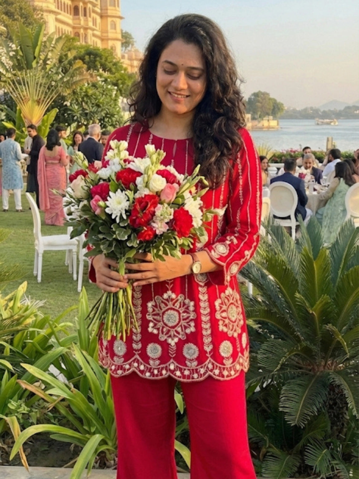 Ruby Red Scalloped Embroidered Short Kurta Co-ord Set