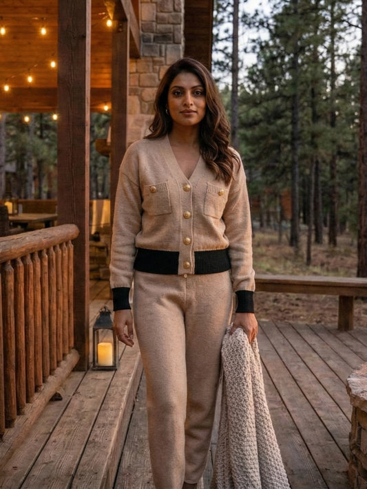 Beige & Black Contrast Trim Button-Down Co-Ord Set