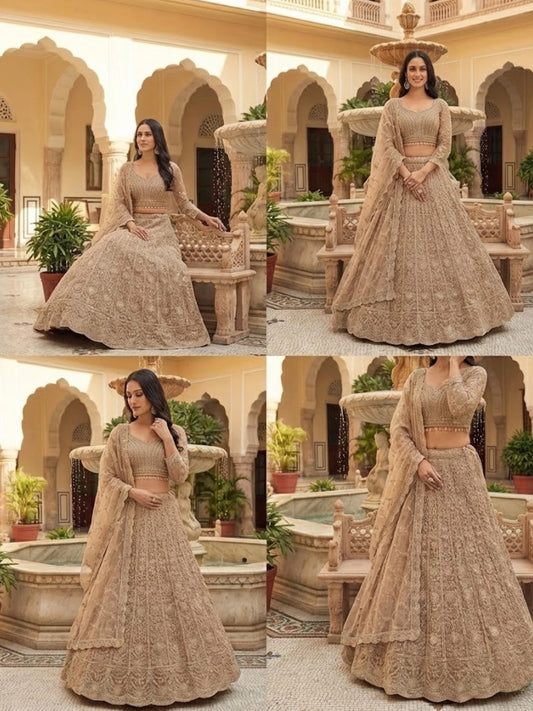 Beige Embroidered Net Wedding Lehenga Choli Set