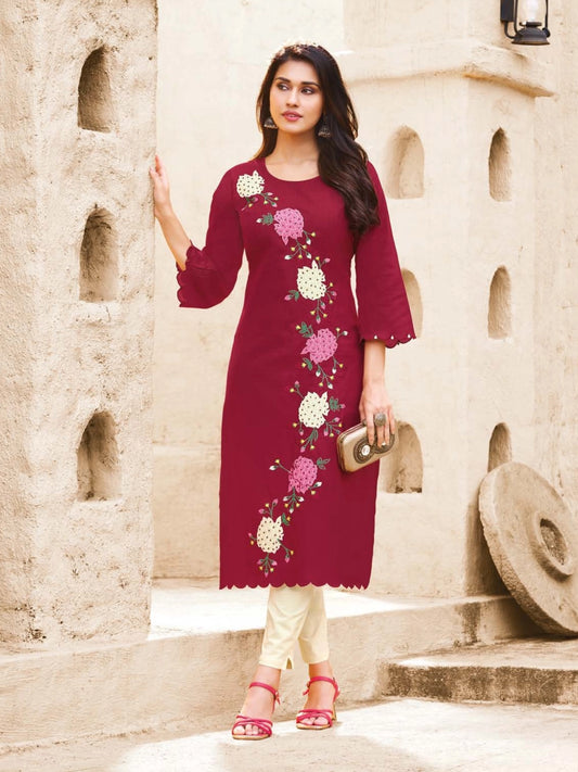 Berry Red Rayon Kurti with Scalloped Hem and Floral Appliqué