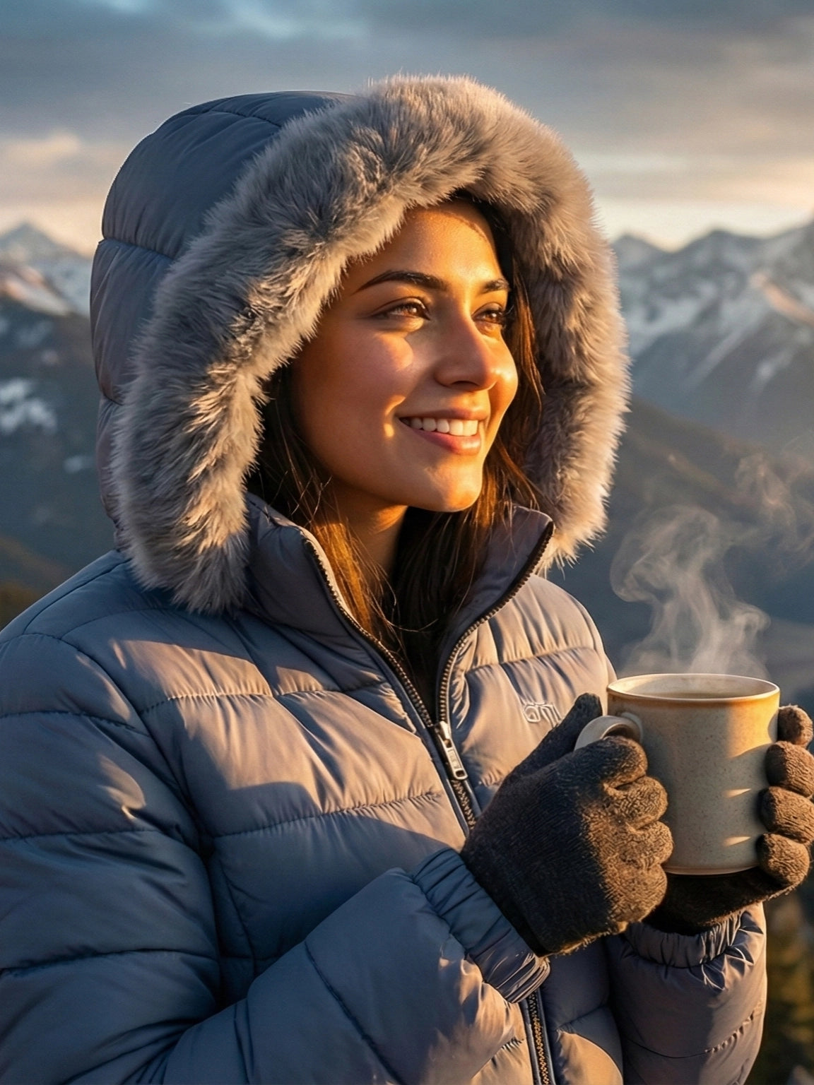 Grey Faux Fur Hooded Puffer Jacket