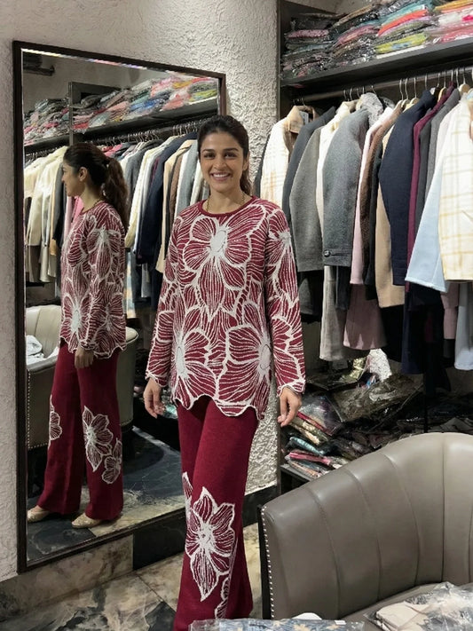 Maroon Floral Knit Co-Ord Set