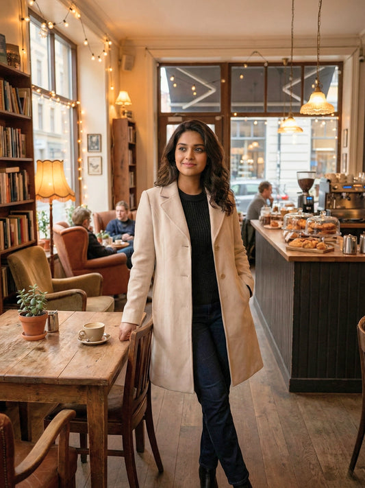 Beige Long Woolen Button-Up Coat