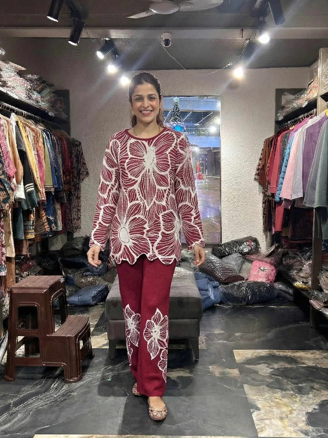 Maroon Floral Knit Co-Ord Set