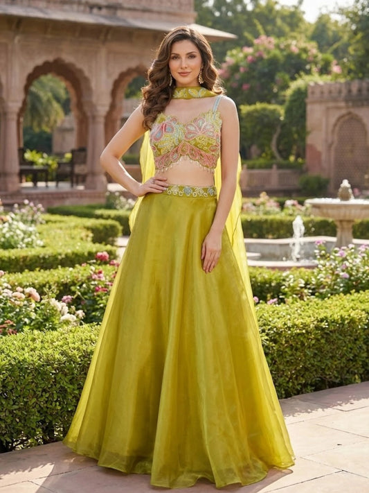 Lime Green Hand-Embroidered Floral Lehenga Set