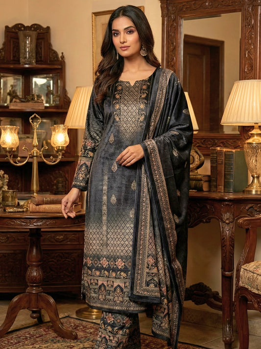 Charcoal Grey Geometric & Floral Print 3-Piece Ethnic Suit Set