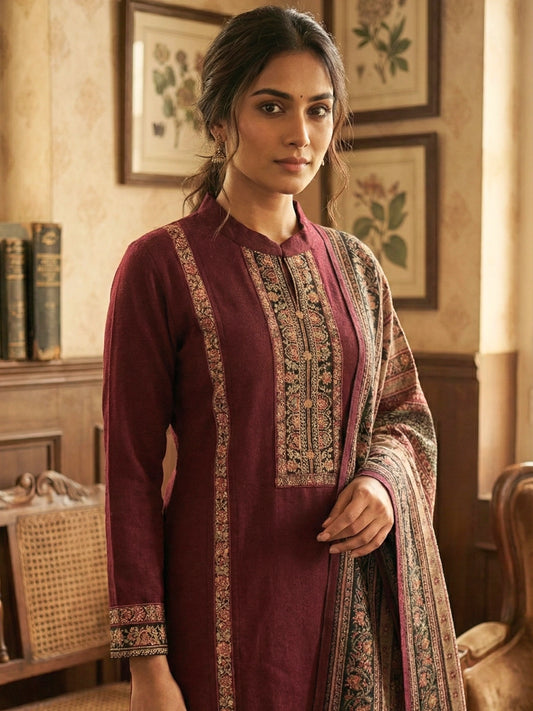 Deep Maroon Straight Fit Kurta Set with Printed Shawl