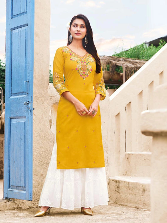 Sunny Yellow Rayon Kurti with Multi-Color Embroidered Yoke