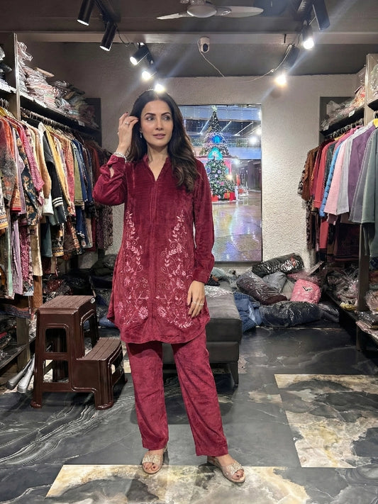 Maroon Embroidered Shirt-Style Co-ord Set