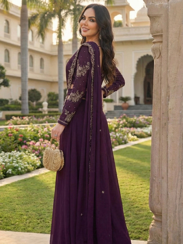 Deep Wine Embroidered Drape Saree with Belt — image 2