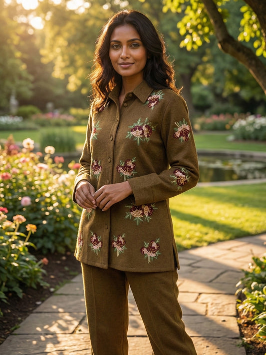 Olive Brown Rose Embroidered Button-Down Set