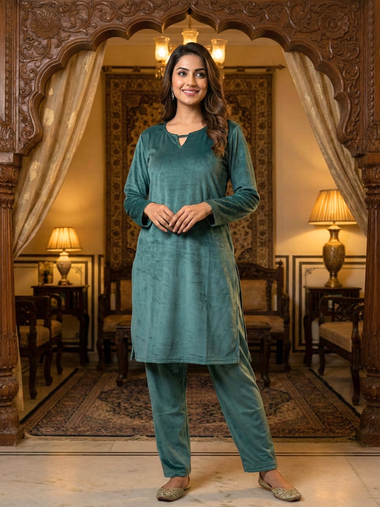 Teal Blue Solid Winter Kurta Set