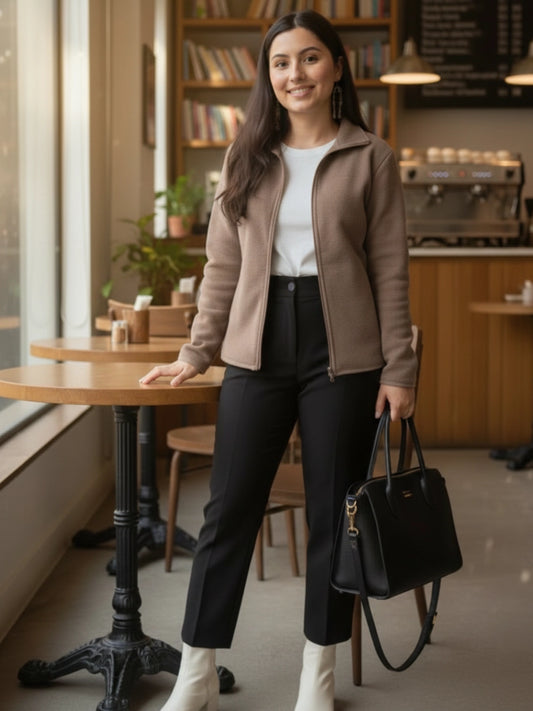 Taupe Woolen Zip-Up Jacket