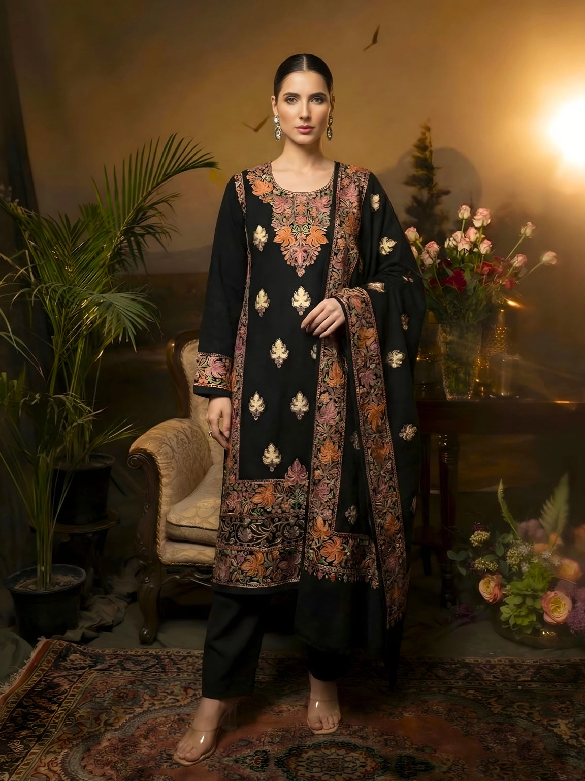 Jet Black Floral Embroidered Winter Suit Set with Matching Stole