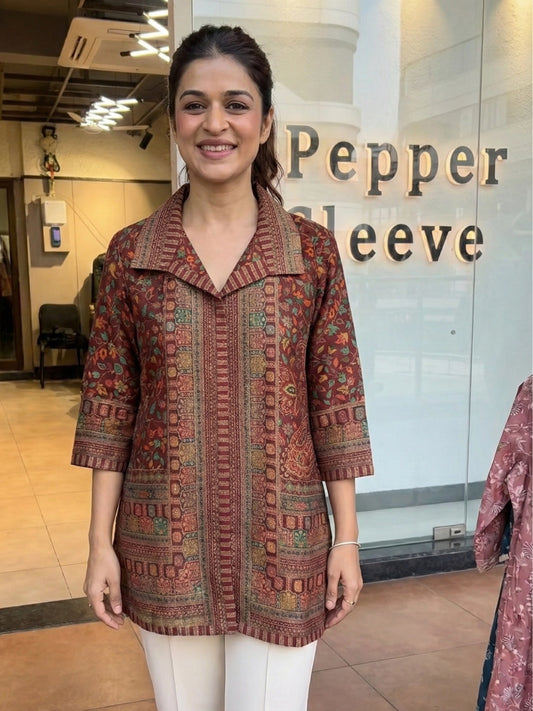 Rust & Brick Red Printed Collared Top