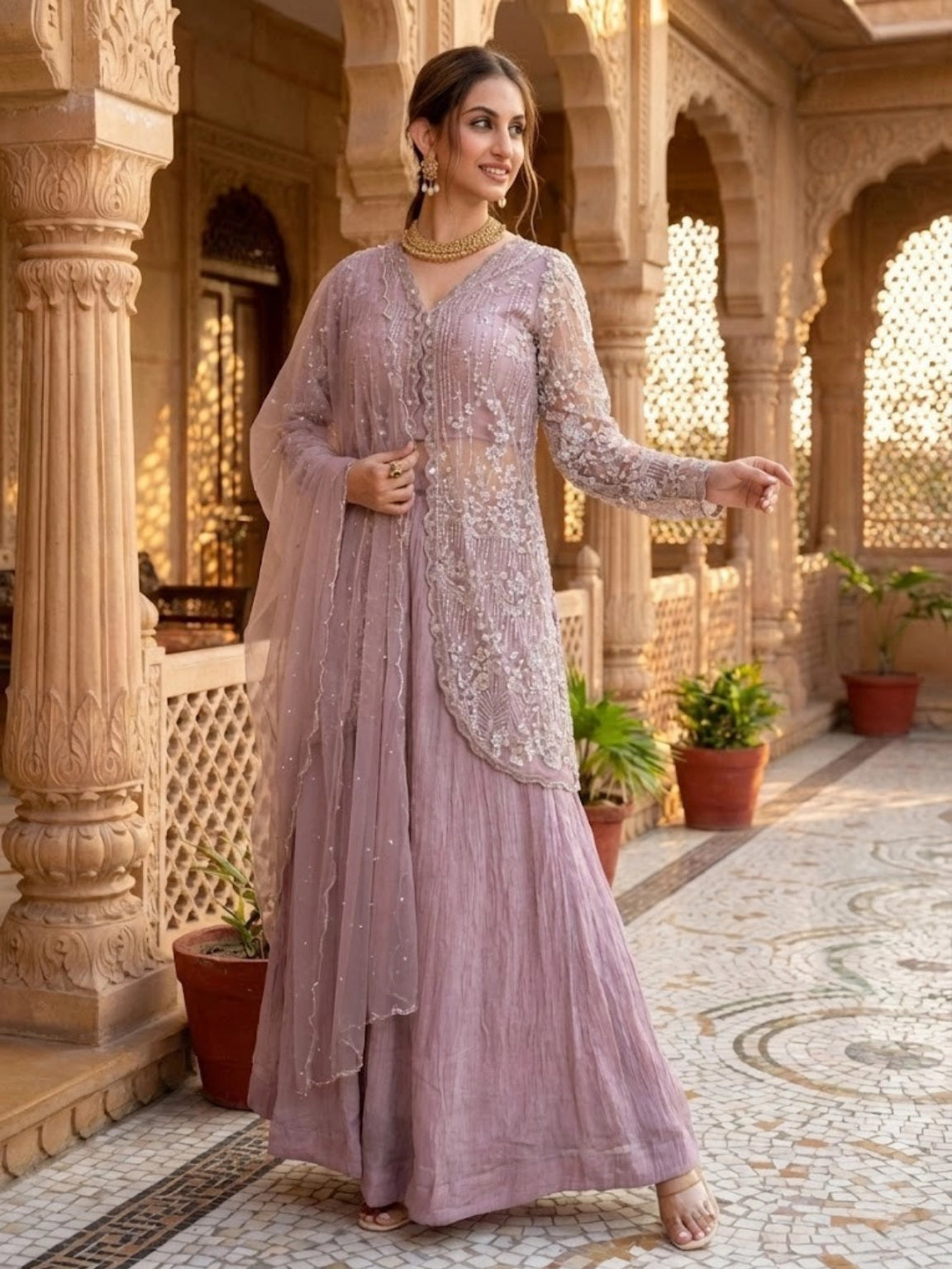 Mauve Lavender Embroidered Net & Georgette Indo-Western Set
