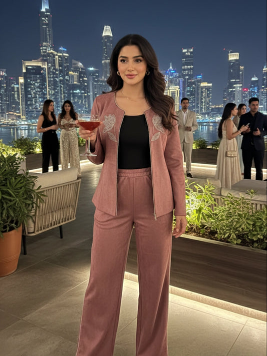 Dusty Pink Embellished Jacket & Pant Co-ord Set