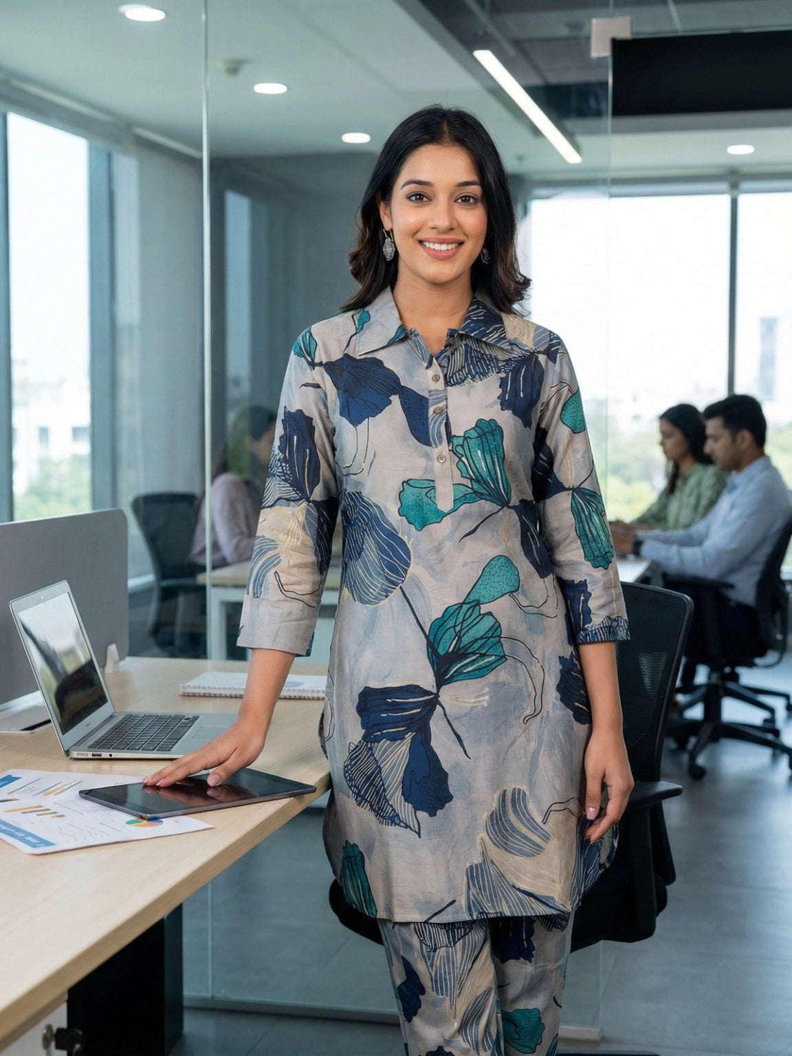 Grey, Indigo & Teal Botanical Print Collared Co-Ord Set