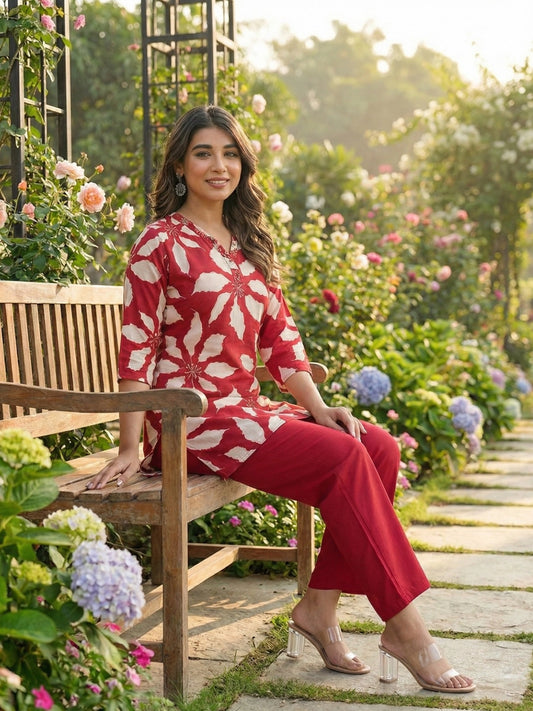 Maroon & White Floral Print Co-Ord Set