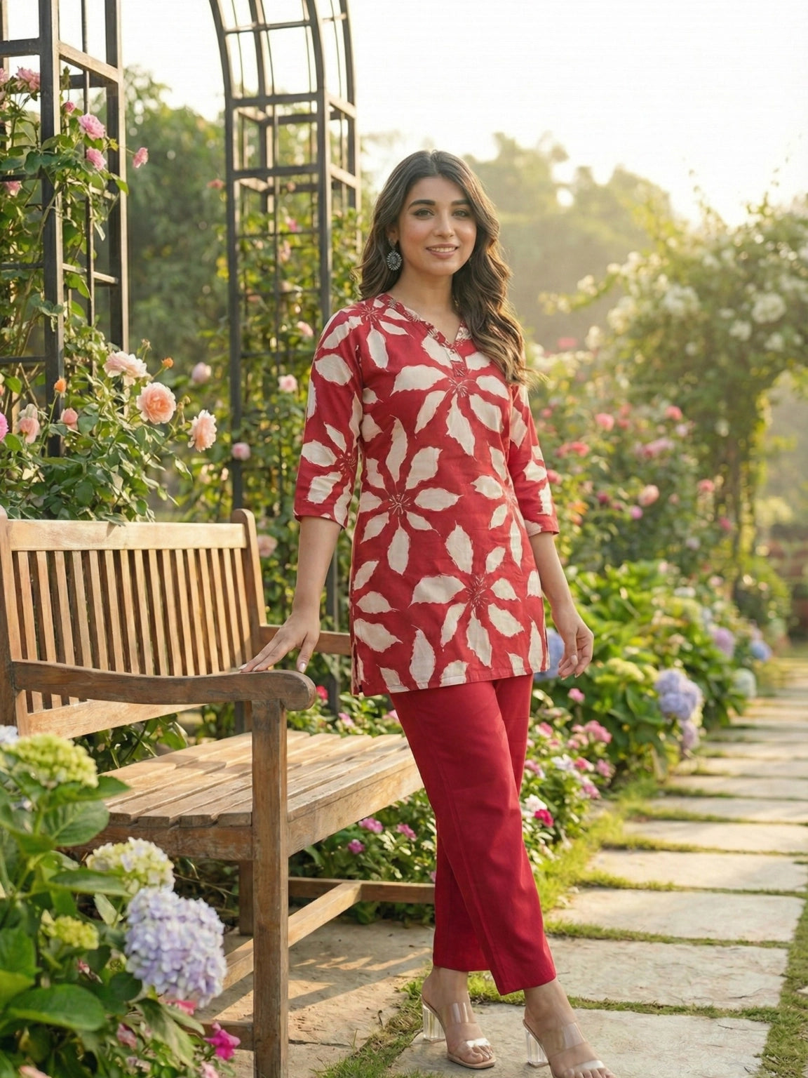 Maroon & White Floral Print Co-Ord Set